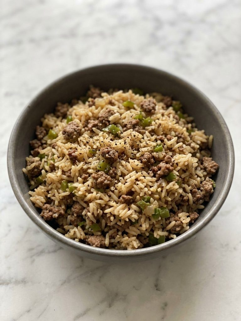A cast-iron skillet of Cajun rice with ground beef and green pepper