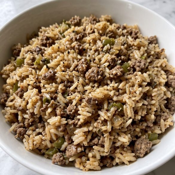 A bowl of brown Cajun rice with ground beef, minced gizzards and green bell pepper