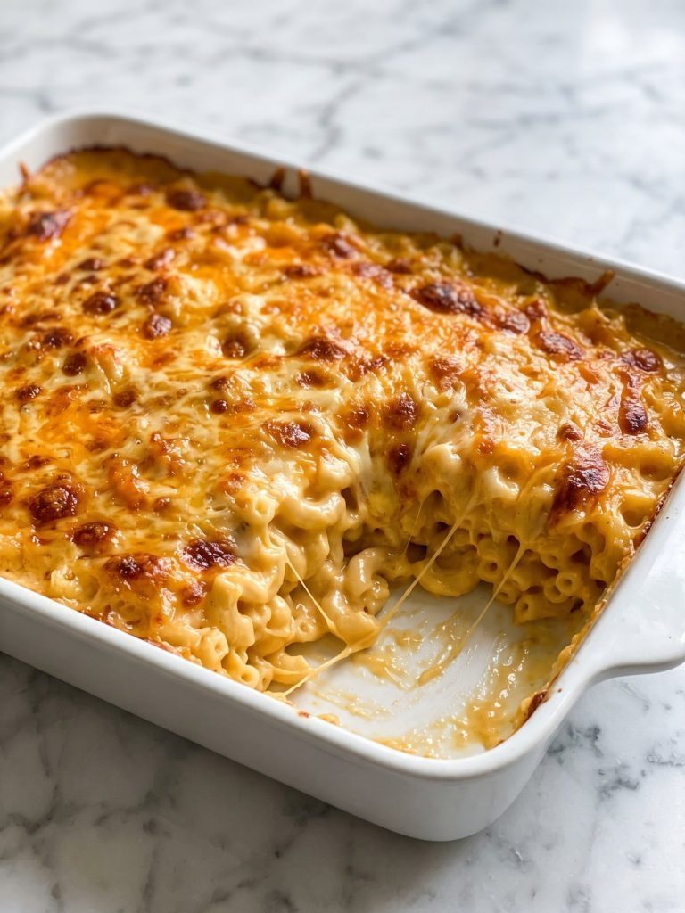 A baking dish of baked mac and cheese with a golden cheese crust, a scoop removed to show creamy elbows