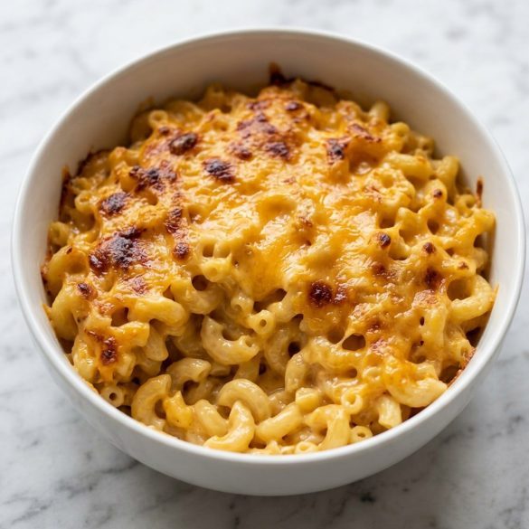 A scoop of creamy baked mac and cheese with a golden cheese top in a white bowl