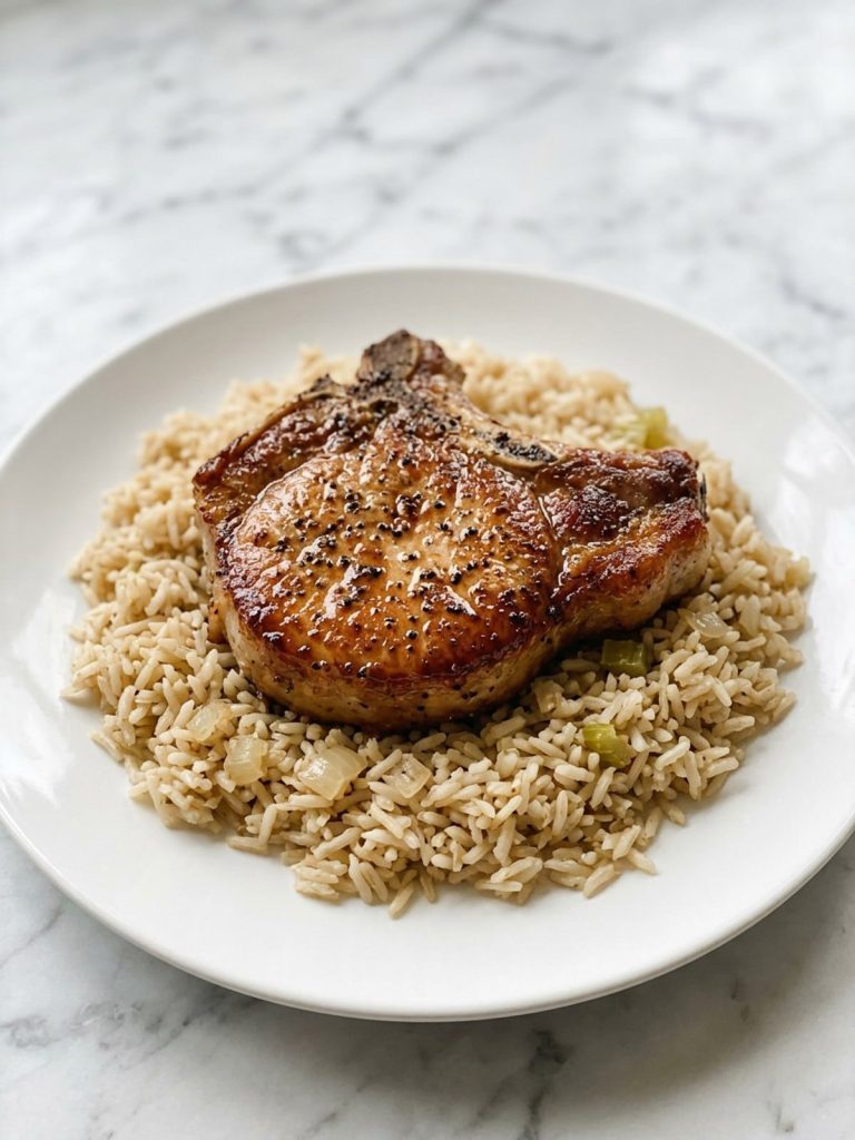 A browned bone-in pork chop served on savory brown rice on a white plate