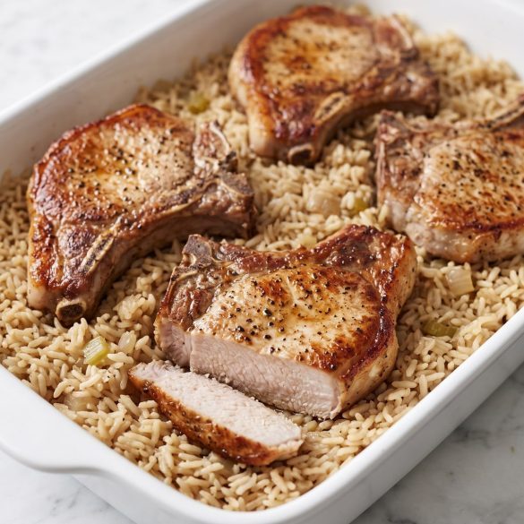 Four browned bone-in pork chops on a bed of savory brown rice in a baking dish