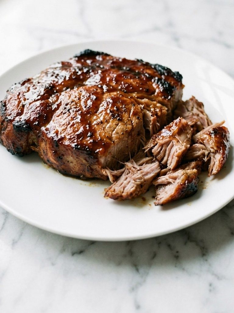 A tender barbecue-glazed pork steak cut into pieces on a white plate