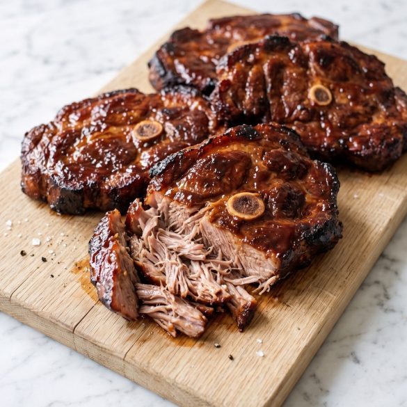 Smoked BBQ pork shoulder steaks with caramelized sauce on a platter, one cut to show the tender inside
