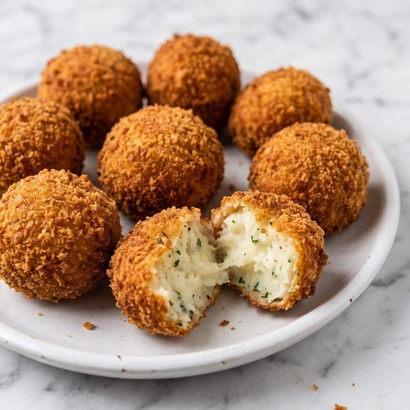 Golden panko-coated potato croquettes on a white plate, one broken open to show creamy mashed potato