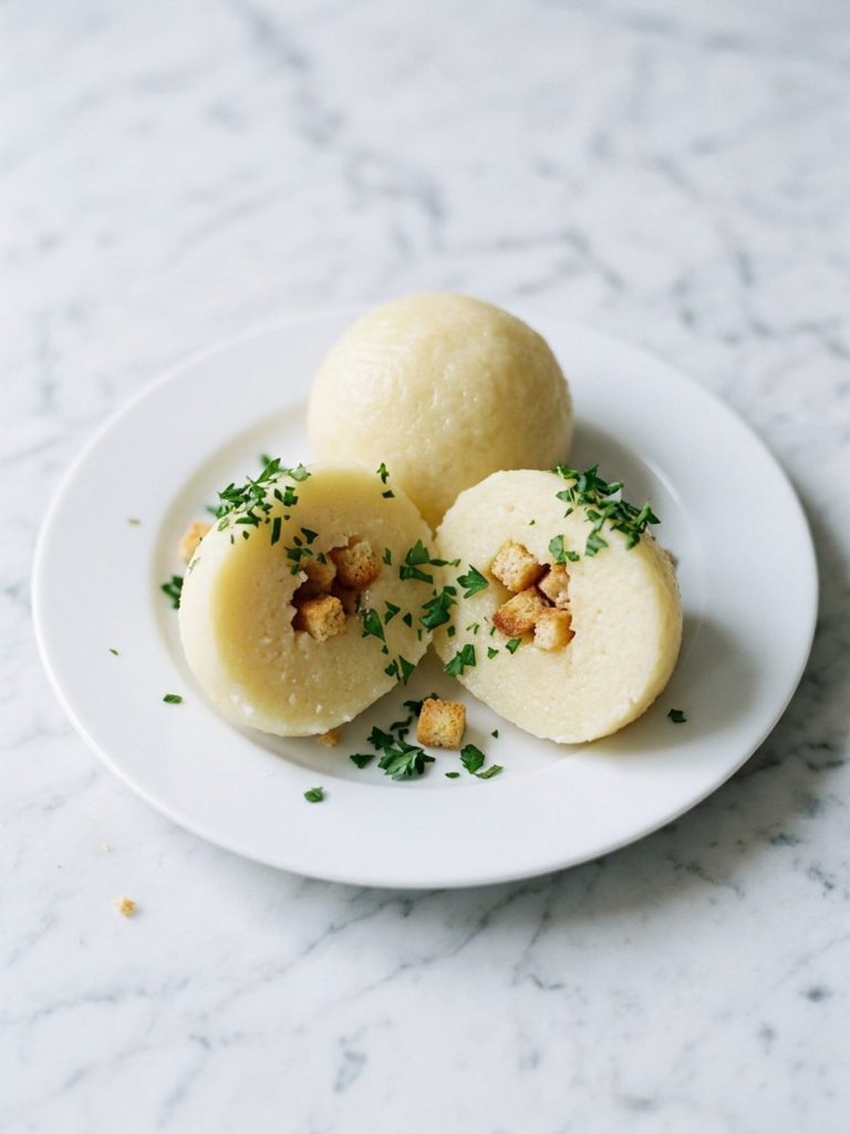 A potato dumpling cut in half showing a soft interior and golden croutons