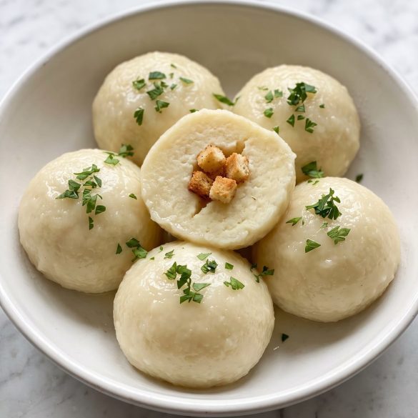 Round German potato dumplings in a white bowl, one cut open with croutons in the center