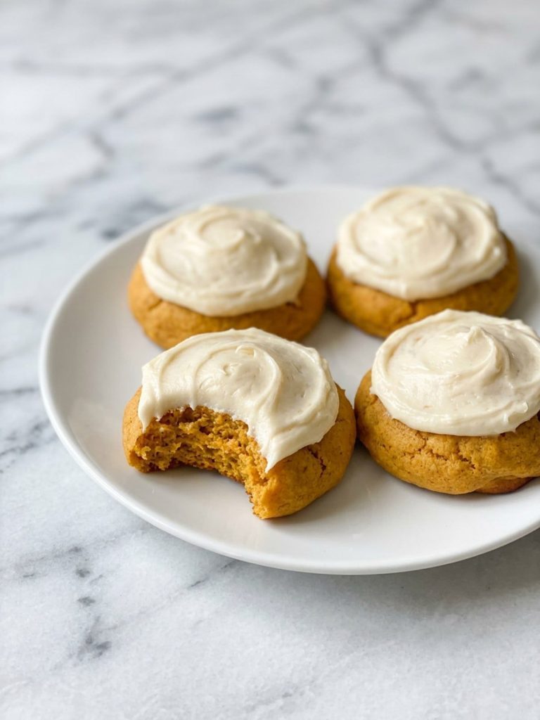 Close view of soft pumpkin cookies with thick cream cheese frosting on a white plate