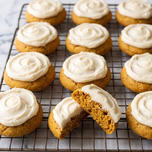 Soft pumpkin cookies topped with swirls of cream cheese frosting on a wire rack