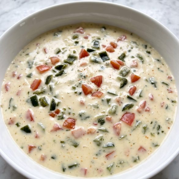 A bowl of creamy pale yellow queso with diced roasted poblano and tomato