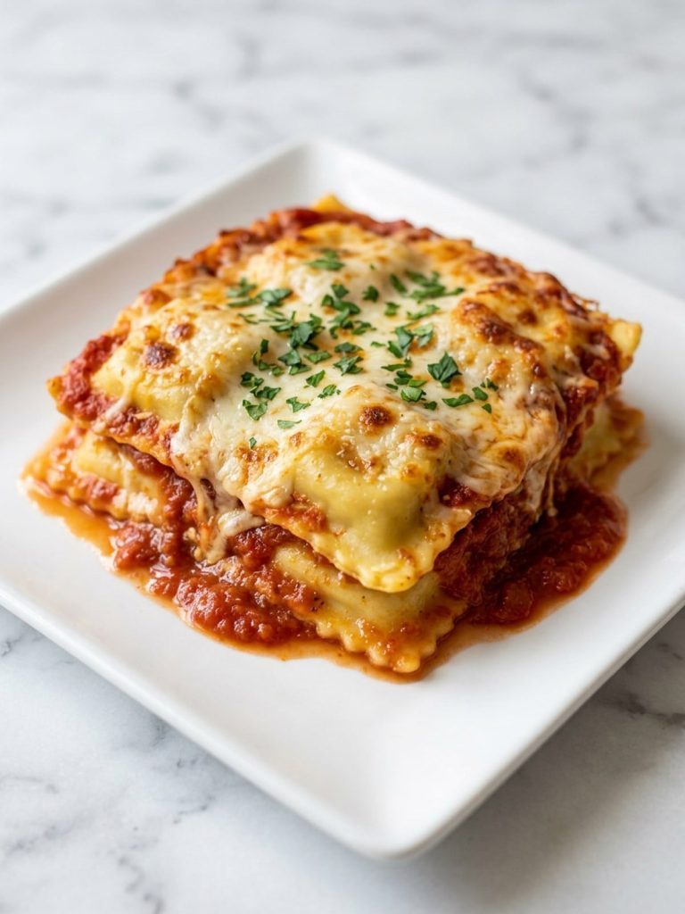 A square serving of layered cheese ravioli with red sauce and melted cheese on a white plate