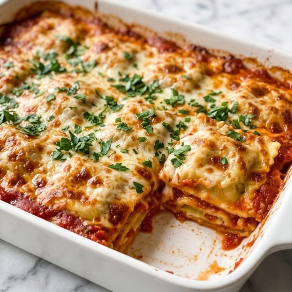 A baking dish of ravioli lasagna with melted browned cheese, one square lifted to show the layers