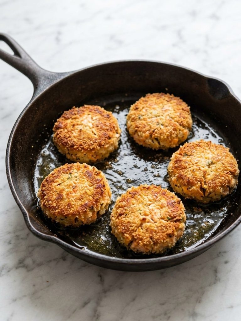 Breadcrumb-coated salmon potato cakes frying golden in a skillet