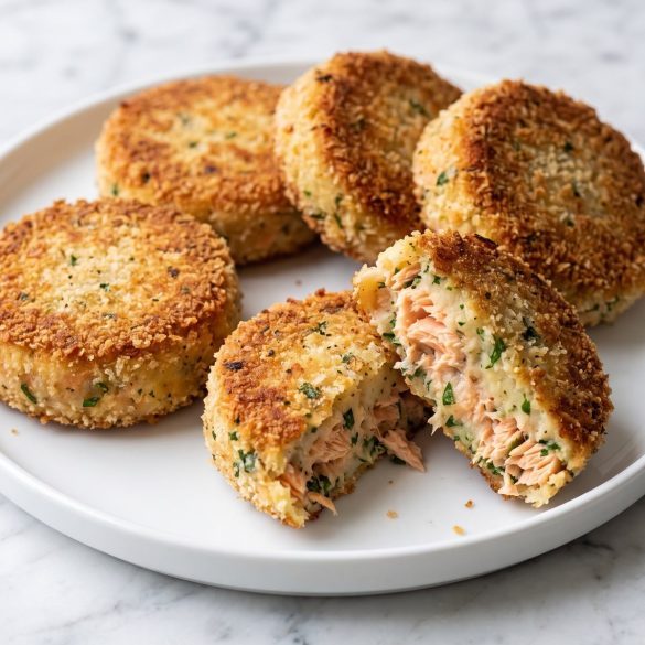 Golden breadcrumb-coated salmon potato cakes on a white plate, one broken open to show potato and flaked salmon