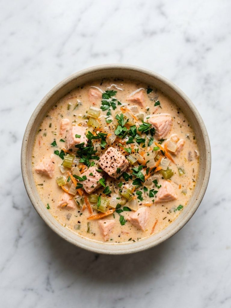 A pot of creamy salmon stew with salmon cubes and vegetables in tomato cream broth