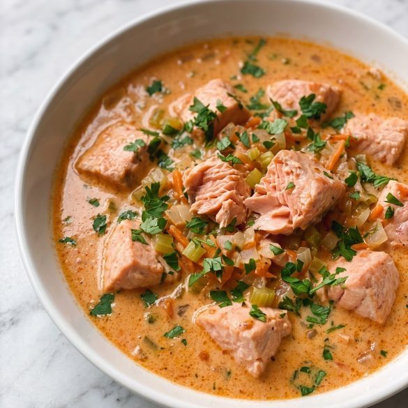 A bowl of creamy tomato salmon stew with chunks of salmon, carrot, celery and parsley