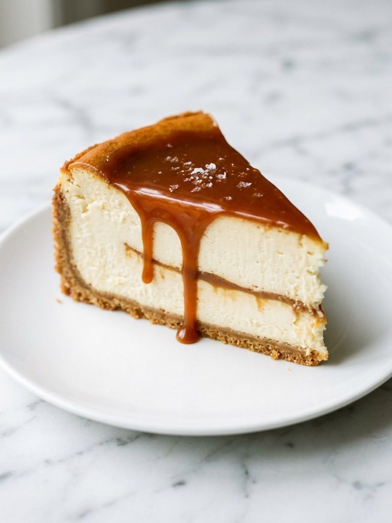 A slice of creamy cheesecake with a caramel ribbon inside and caramel sauce on top