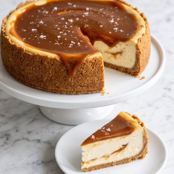 A tall salted caramel cheesecake with glossy caramel on top and one slice cut out