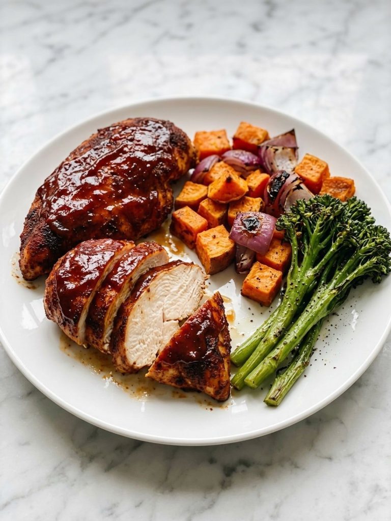 BBQ-glazed chicken pieces served with roasted sweet potatoes, red onion and broccolini on a white plate