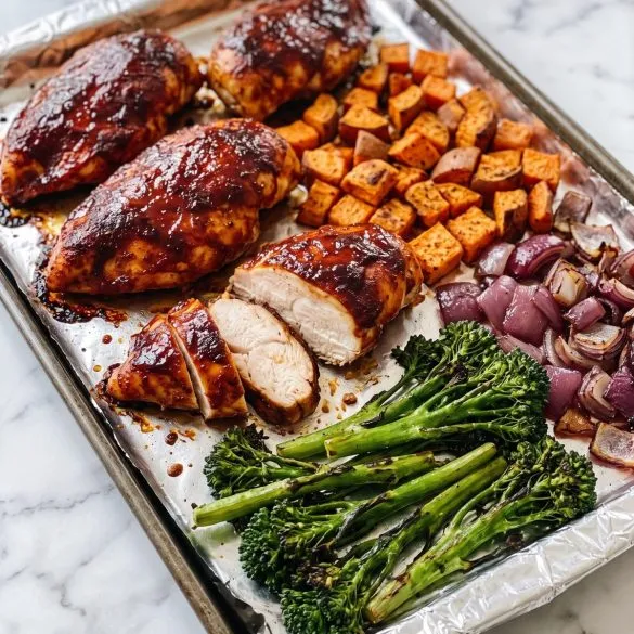 A sheet pan of BBQ-glazed chicken pieces with roasted sweet potatoes, red onion and broccolini