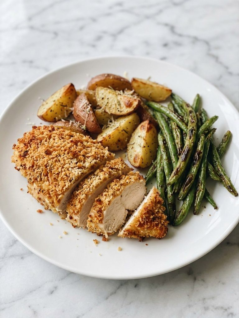 A sliced Parmesan crusted chicken breast with roasted red potatoes and green beans on a white plate