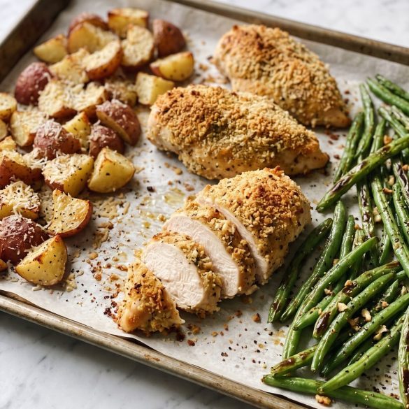 A sheet pan with Parmesan crusted chicken breasts, roasted red potatoes and green beans