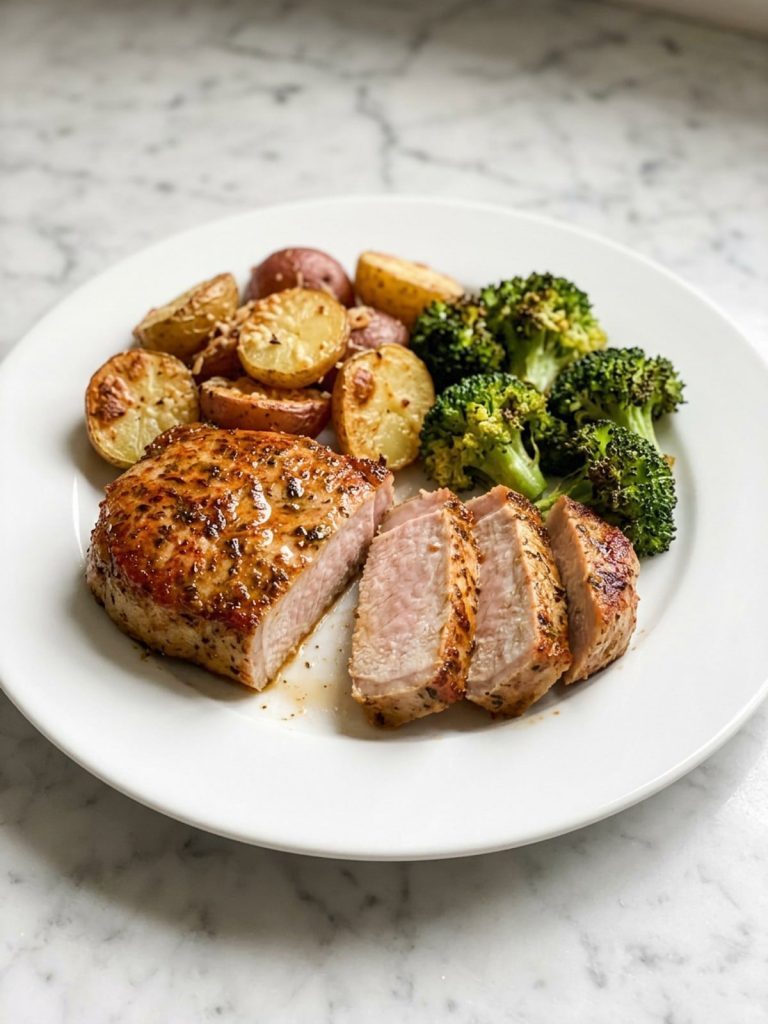 A sliced roasted pork chop with Parmesan potatoes and broccoli on a white plate