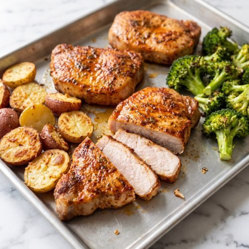 Roasted pork chops, Parmesan baby potatoes and broccoli on a baking sheet