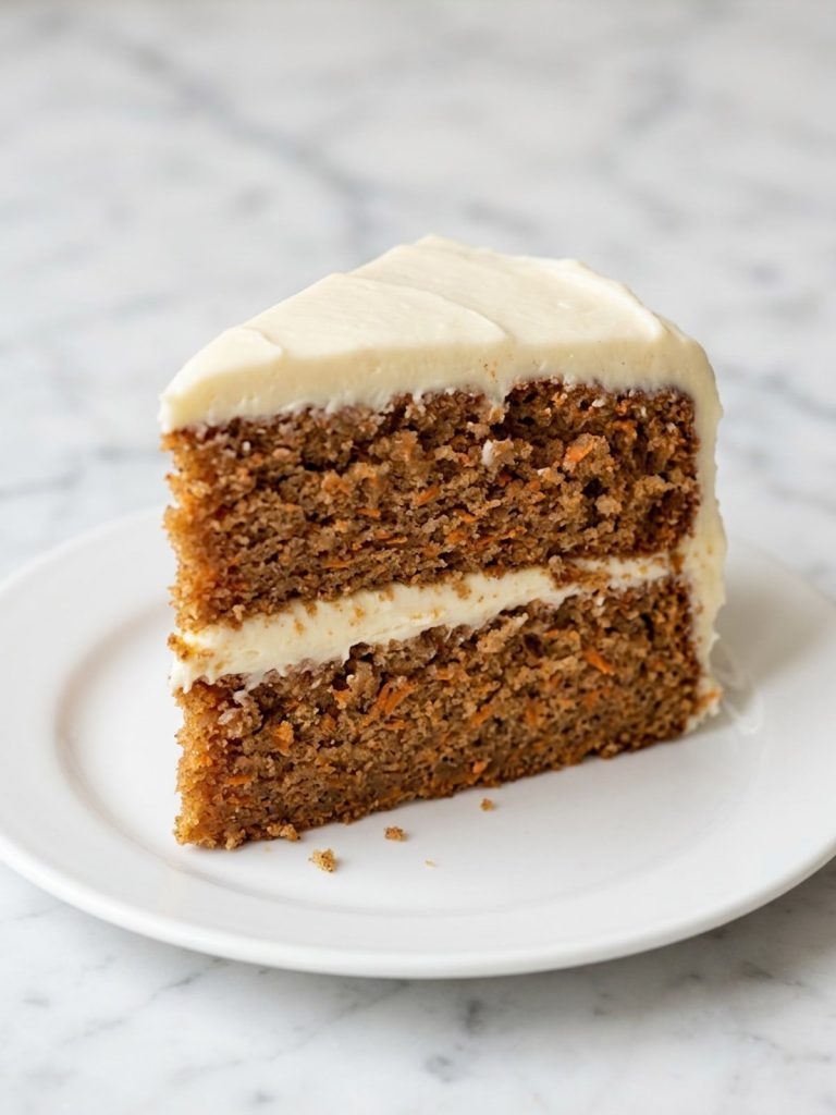 A slice of two-layer carrot cake with cream cheese frosting on a white plate