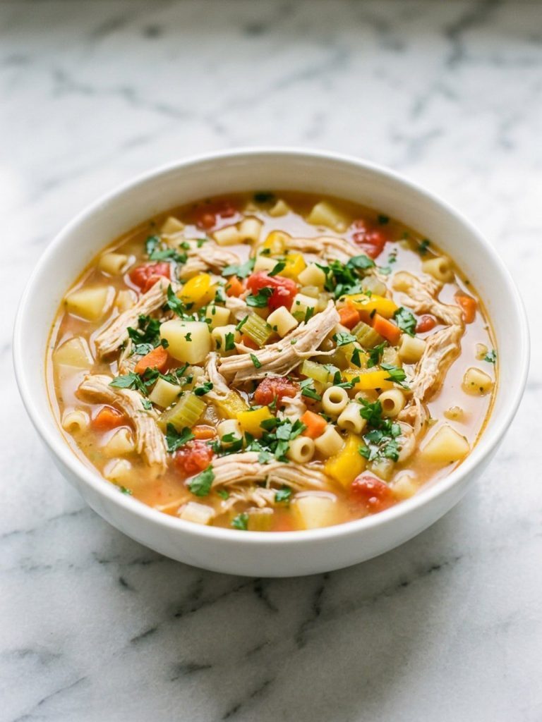 A white bowl of chicken soup with potatoes, carrots, yellow pepper, tomatoes and ditalini pasta