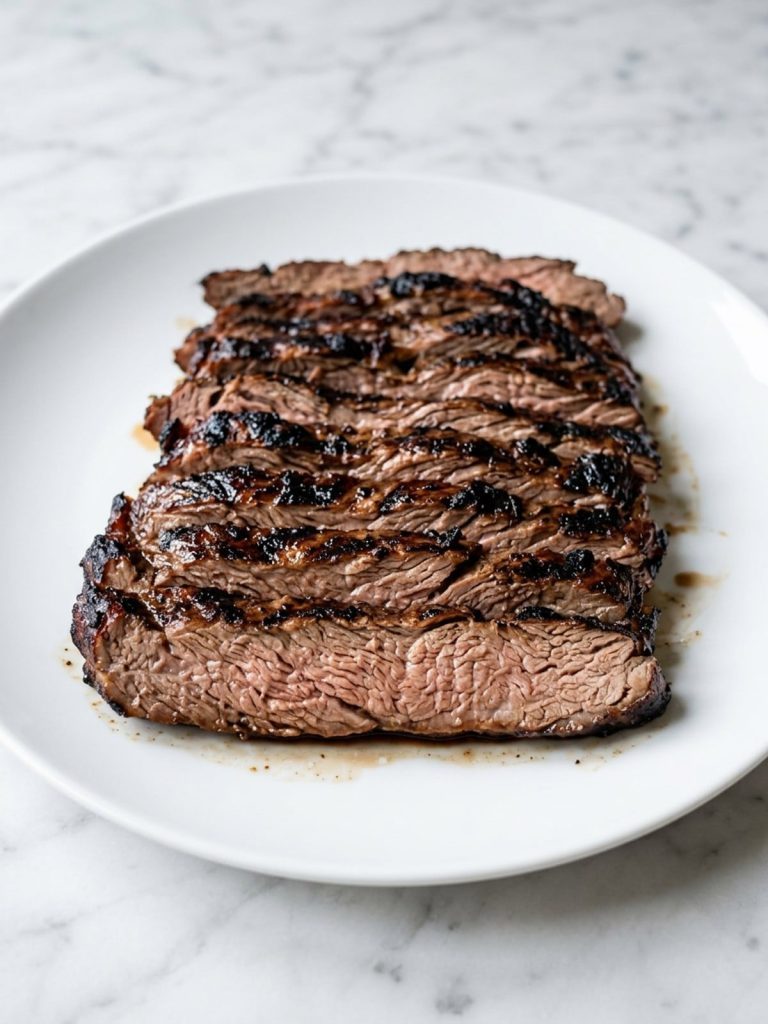 Thin slices of grilled skirt steak with a dark charred crust on a white plate
