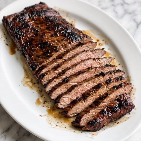 Grilled marinated skirt steak sliced thin against the grain on a white platter