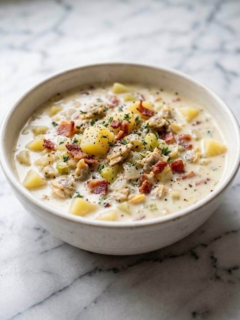 Close view of creamy clam chowder with diced potatoes, clams and bacon