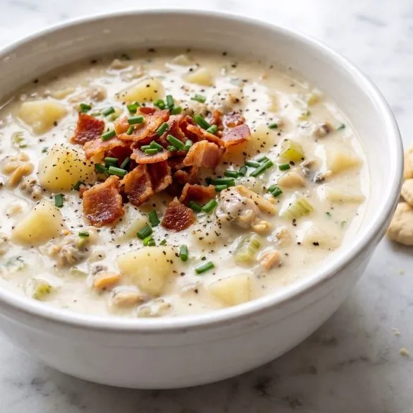 A white bowl of creamy clam chowder with potatoes, clams, crisp bacon and chives on top