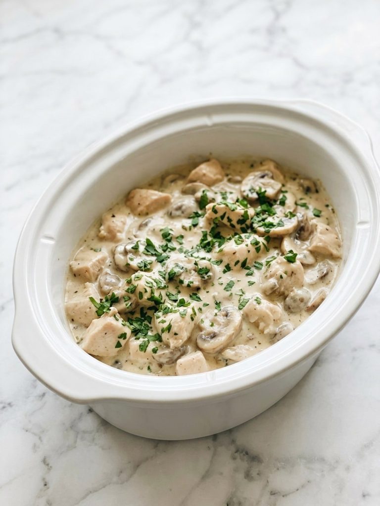 Chicken breasts in creamy mushroom sauce in a slow cooker crock