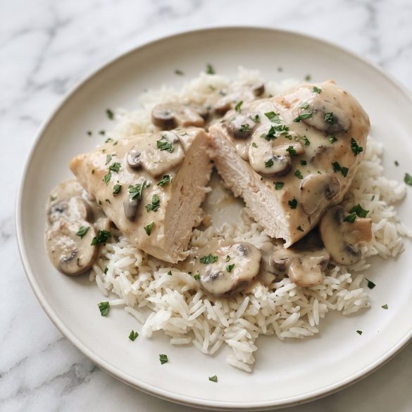 A chicken breast in creamy mushroom sauce over rice on a white plate