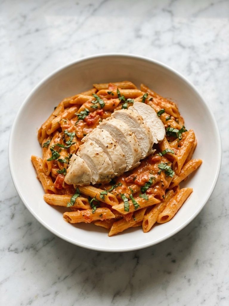 Sliced chicken breast in creamy tomato basil sauce served over pasta in a white bowl