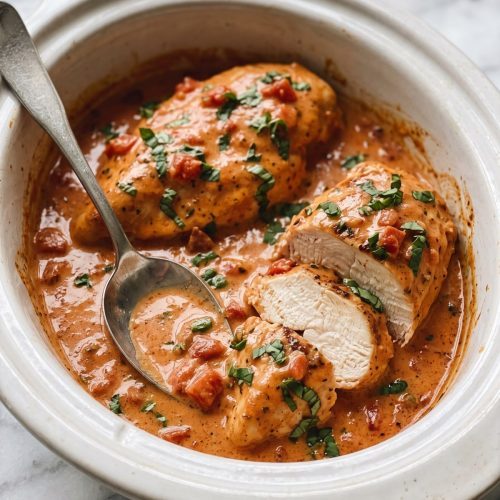Chicken breasts in a creamy tomato basil sauce in a slow cooker