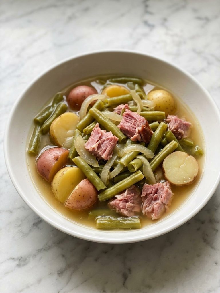 A full bowl of green beans, potatoes and ham in light broth
