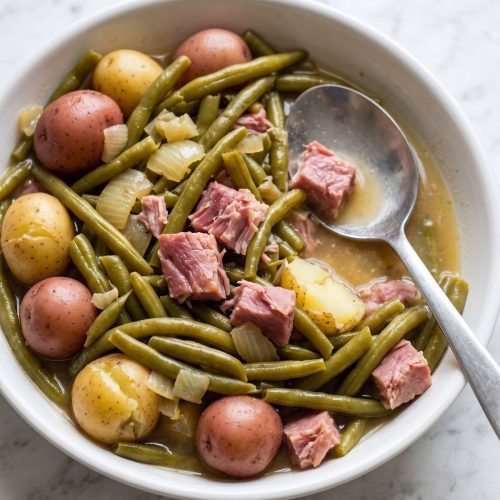 A serving dish of green beans, small potatoes and pulled ham in broth