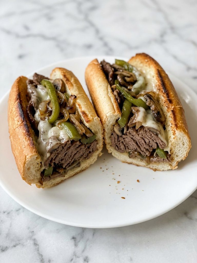 Close view of a cheesesteak sandwich cut in half showing sliced beef, vegetables and melted cheese