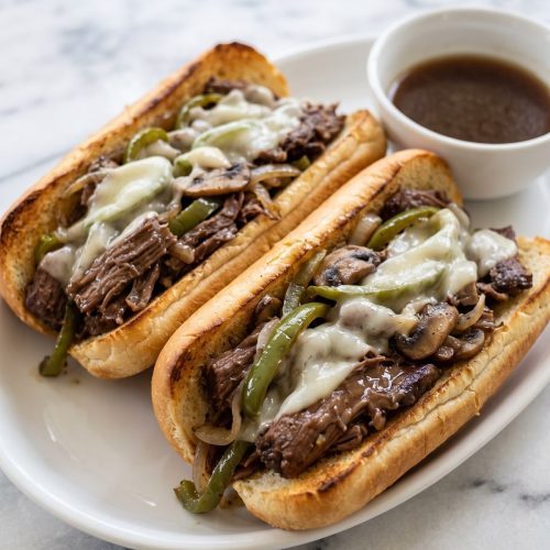 Two toasted hoagie rolls filled with sliced beef, peppers, onions, mushrooms and melted provolone