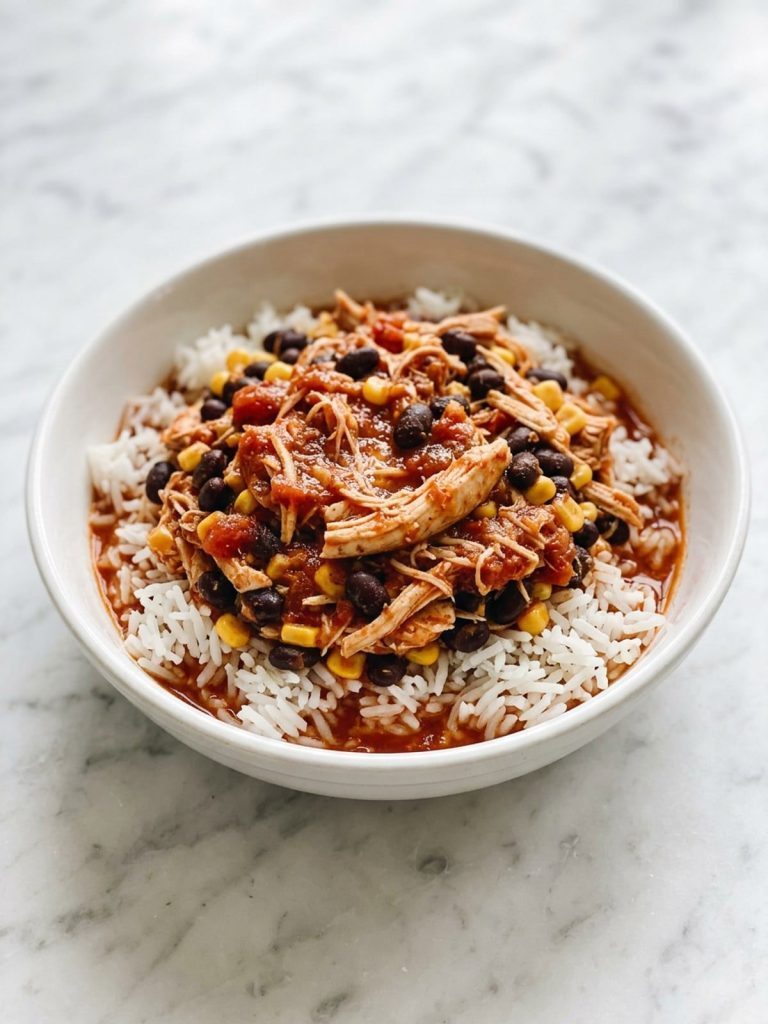 A bowl of white rice topped with shredded southwest chicken, black beans and corn