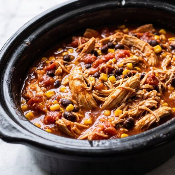 Shredded southwest chicken with black beans and corn in a black slow cooker
