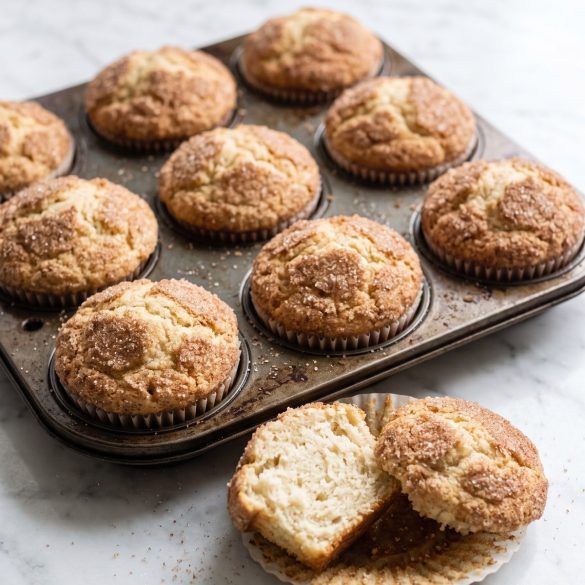 Snickerdoodle muffins with crackly cinnamon-sugar tops in a muffin pan
