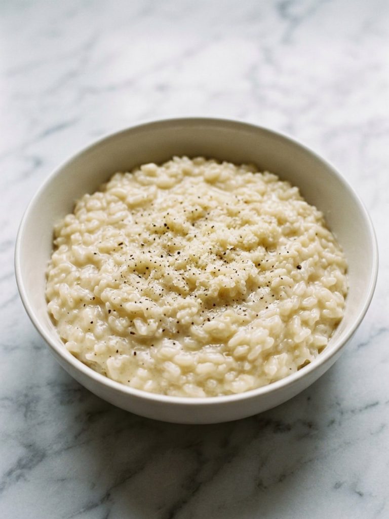 A saucepan of creamy rice cooked with cream of chicken soup and Parmesan