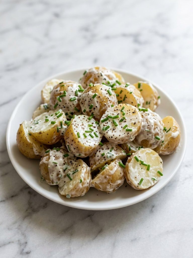 Halved baby potatoes coated in sour cream dressing and chives on a white plate