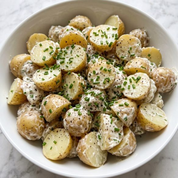 A bowl of halved baby potatoes in creamy sour cream dressing with chopped chives