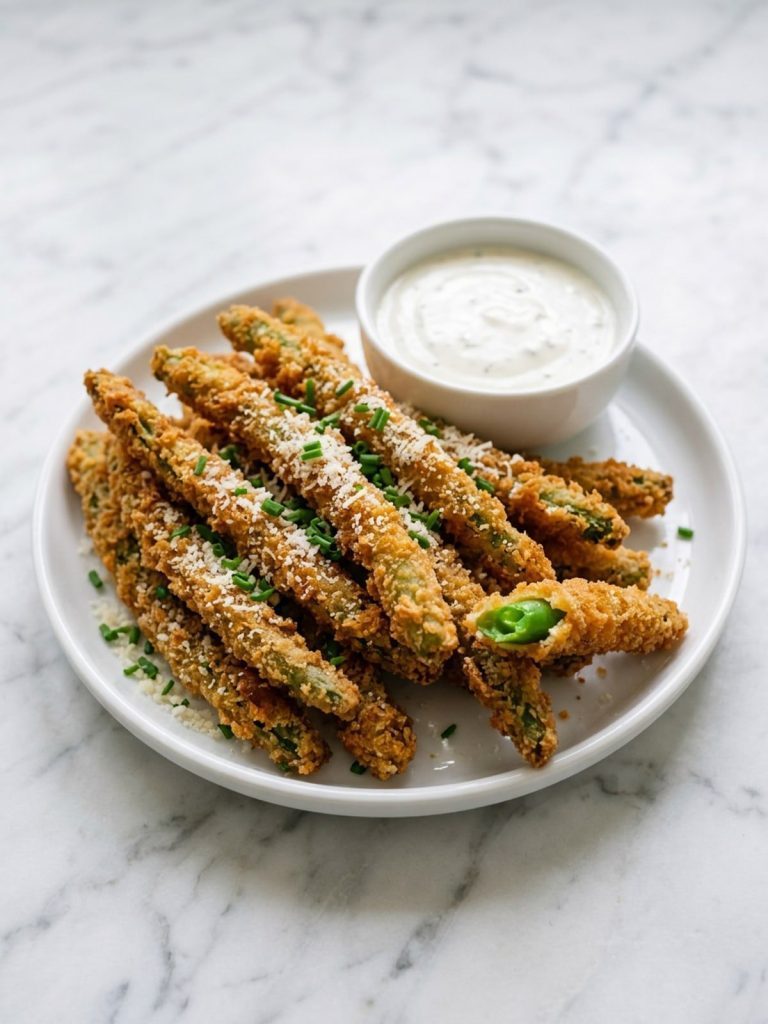 Close view of golden breaded fried green beans with a small bowl of ranch