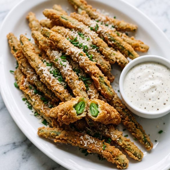 A platter of crispy breaded fried green beans with Parmesan and a bowl of ranch
